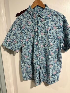 Vineyard Vines Classic Fit Tucker Shirt - Navy, Aqua & Pink Flamingo Print